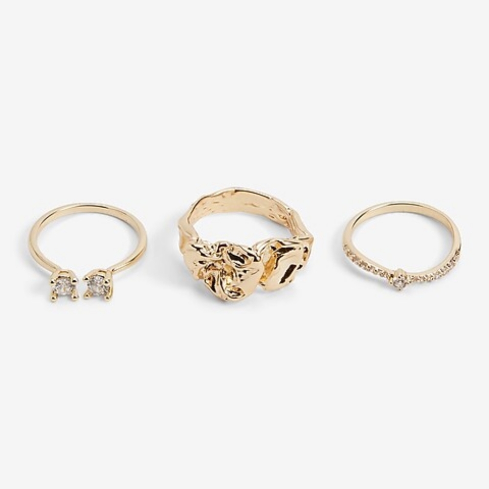 Express 3 Piece Hammered Crystal Ring Set - Gold - Size 7